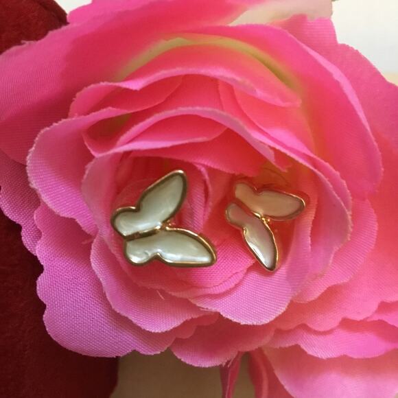 Gold & White Butterfly Shaped Stud Earrings - Picture 5 of 7